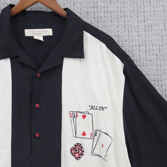 Vintage Island Republic Silk Shirt 2XL Mens Beige All In Poker Graphic Art Rare - Picture 2 of 10